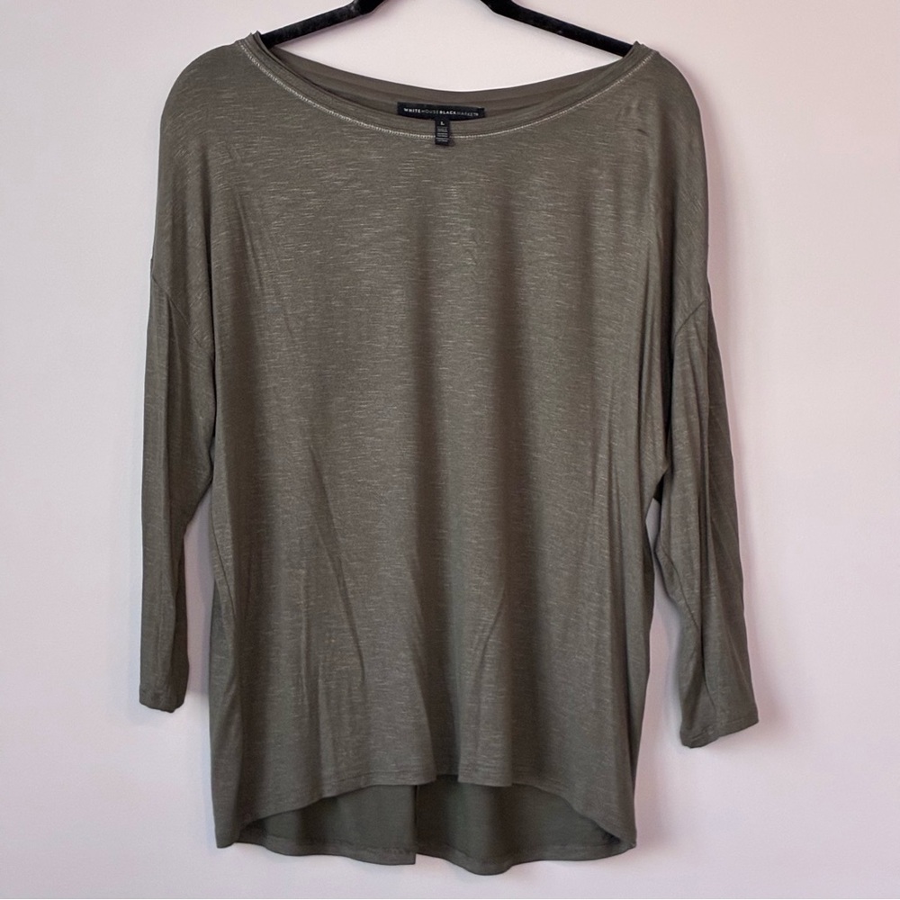 NWOT White House Black Market Olive Top 3/4 Sleeve Ribbon Back